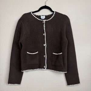 Song of Style Aimee Song Chocolate Brown Blanket Stitch Gold Button Cardigan M